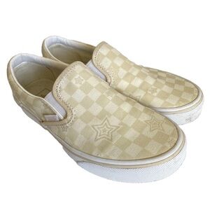 Vans Classic Slip On Shoe Tan Checkboard Glitter Stars Gold Women 6.5 36.5 Men 5